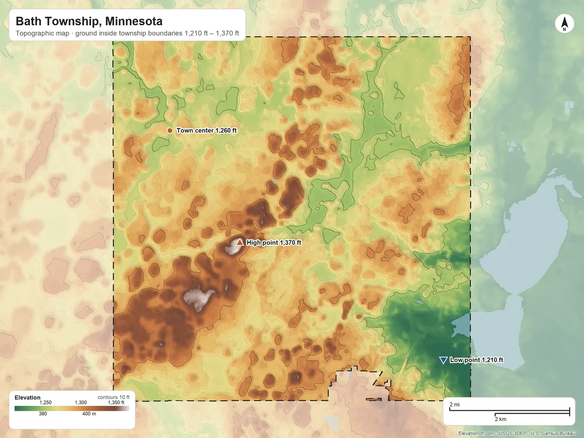 Topographic elevation map of Bath Township, Minnesota, shaded from 1,210 ft on the southeast side to 1,370 ft on the southeast side