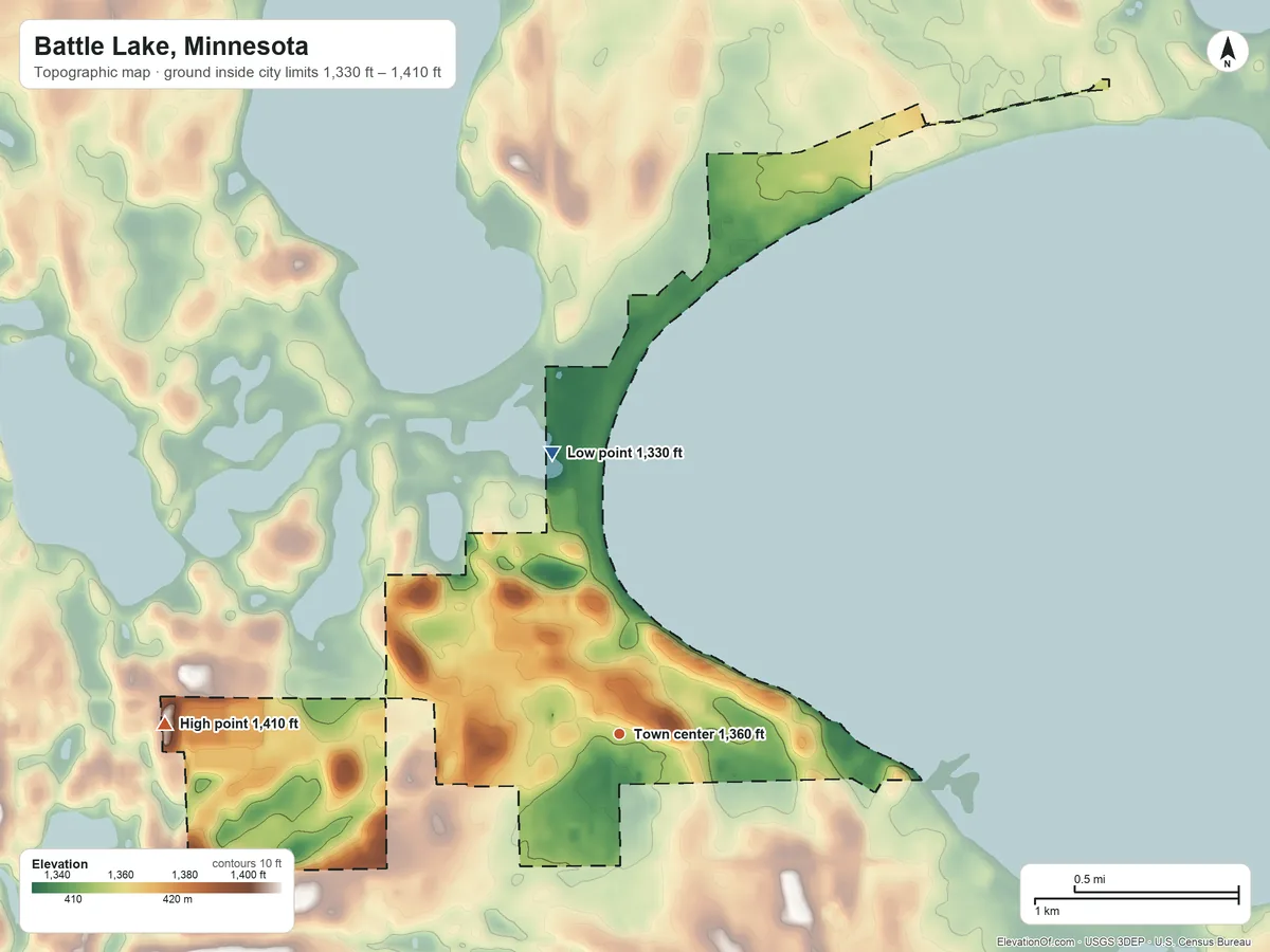 Topographic elevation map of Battle Lake, Minnesota, shaded from 1,330 ft on the north side to 1,410 ft on the west side
