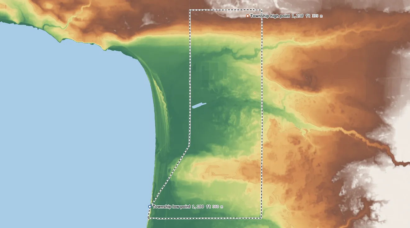Topographic elevation map of Battle Township, Minnesota, shaded from 1,180 ft on the southwest side to 1,230 ft on the northeast side