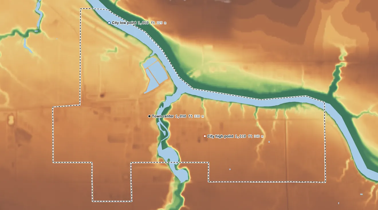 Topographic elevation map of Baudette, Minnesota, shaded from 1,060 ft on the northwest side to 1,110 ft on the east side