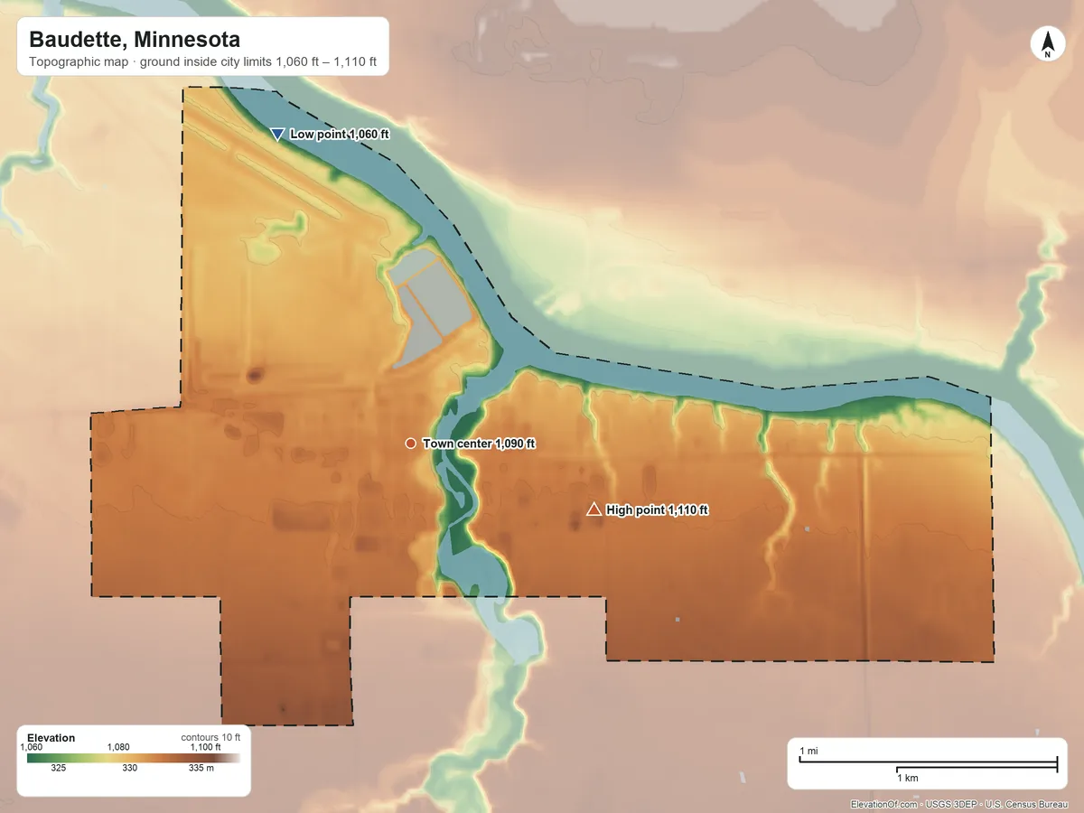 Topographic elevation map of Baudette, Minnesota, shaded from 1,060 ft on the northwest side to 1,110 ft on the east side