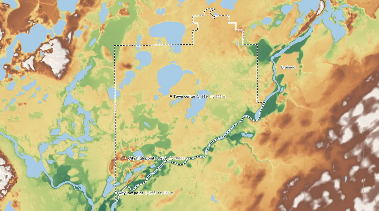 Topographic elevation map of Baxter, Minnesota, shaded from 1,150 ft on the southwest side to 1,280 ft on the southwest side