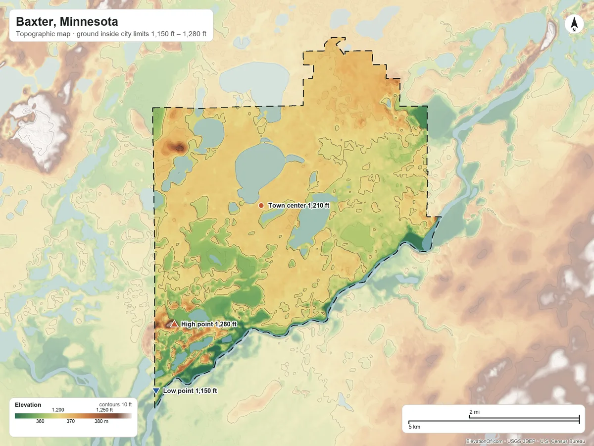 Topographic elevation map of Baxter, Minnesota, shaded from 1,150 ft on the southwest side to 1,280 ft on the southwest side