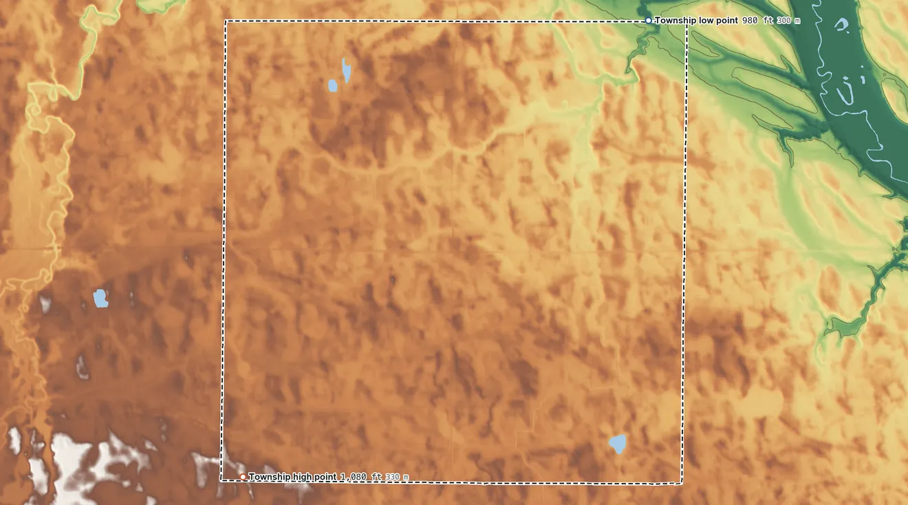 Topographic elevation map of Baxter Township, Minnesota, shaded from 980 ft on the northeast side to 1,080 ft on the southwest side