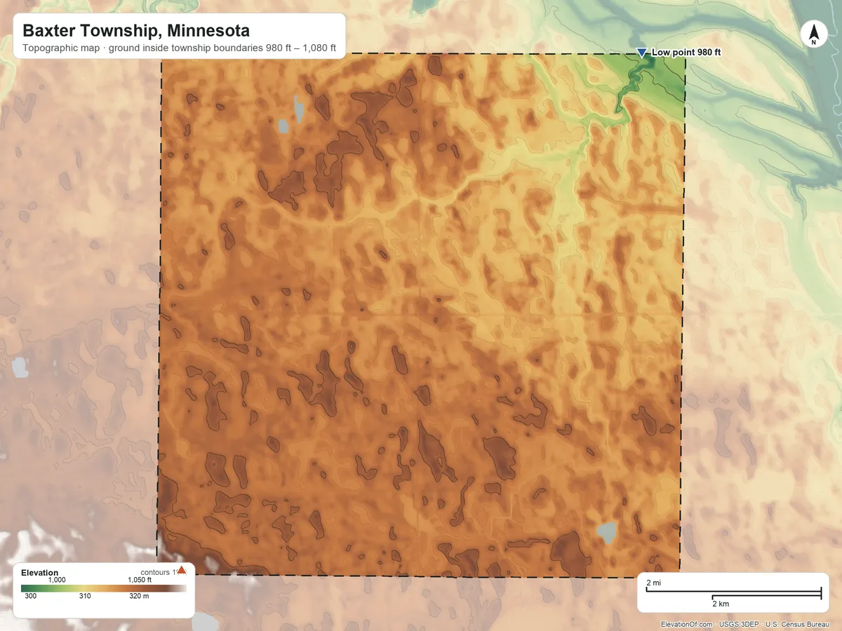 Topographic elevation map of Baxter Township, Minnesota, shaded from 980 ft on the northeast side to 1,080 ft on the southwest side