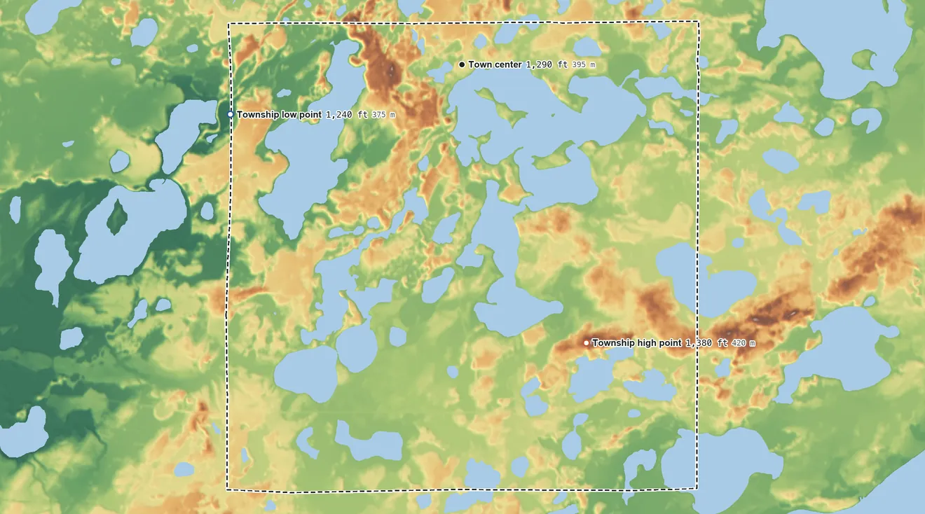 Topographic elevation map of Bay Lake Township, Minnesota, shaded from 1,240 ft on the west side to 1,380 ft on the southeast side