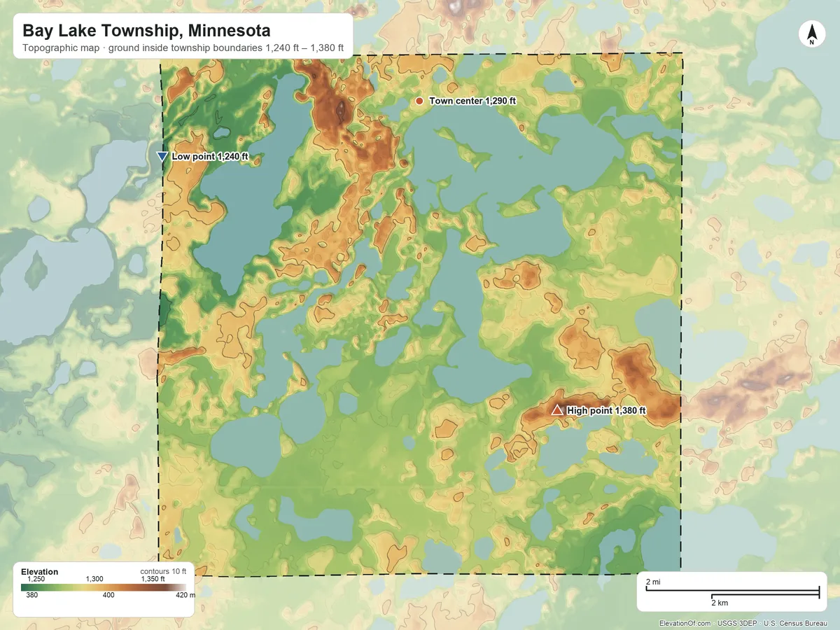 Topographic elevation map of Bay Lake Township, Minnesota, shaded from 1,240 ft on the west side to 1,380 ft on the southeast side