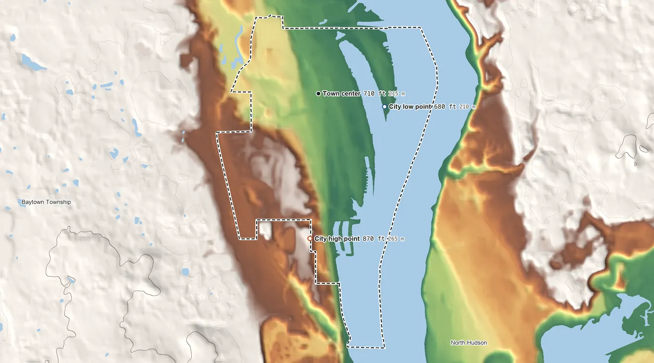 Topographic elevation map of Bayport, Minnesota, shaded from 680 ft on the east side to 870 ft on the south side