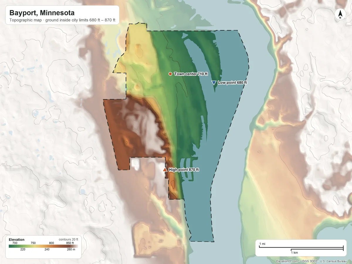Topographic elevation map of Bayport, Minnesota, shaded from 680 ft on the east side to 870 ft on the south side