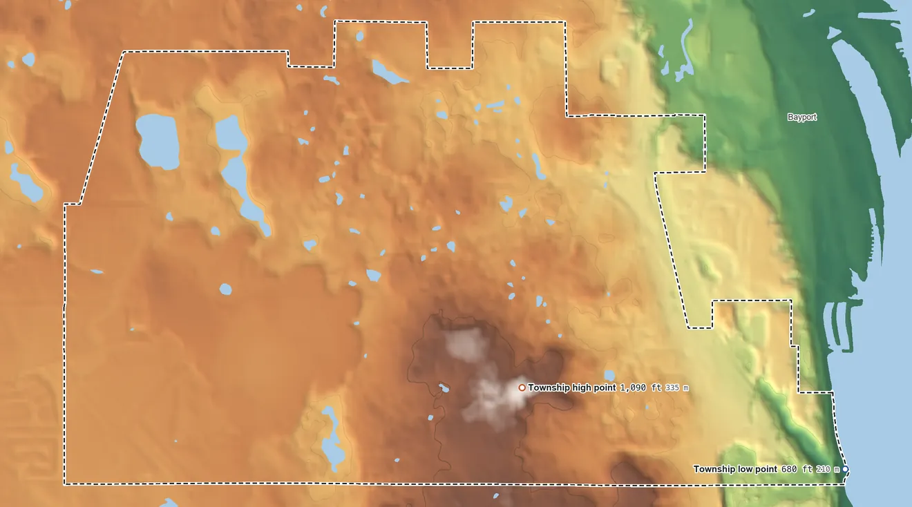 Topographic elevation map of Baytown Township, Minnesota, shaded from 680 ft on the southeast side to 1,090 ft on the southeast side