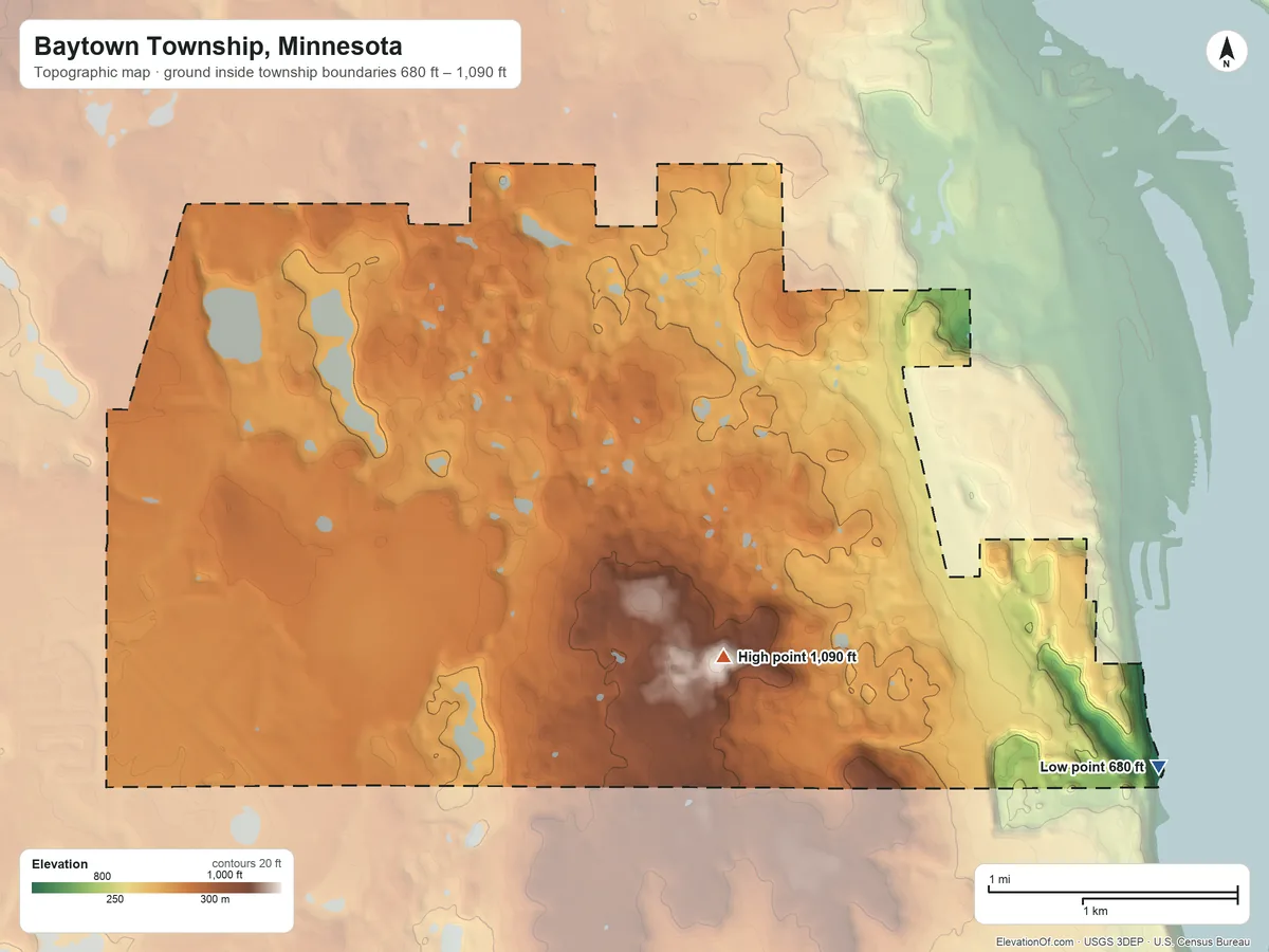 Topographic elevation map of Baytown Township, Minnesota, shaded from 680 ft on the southeast side to 1,090 ft on the southeast side