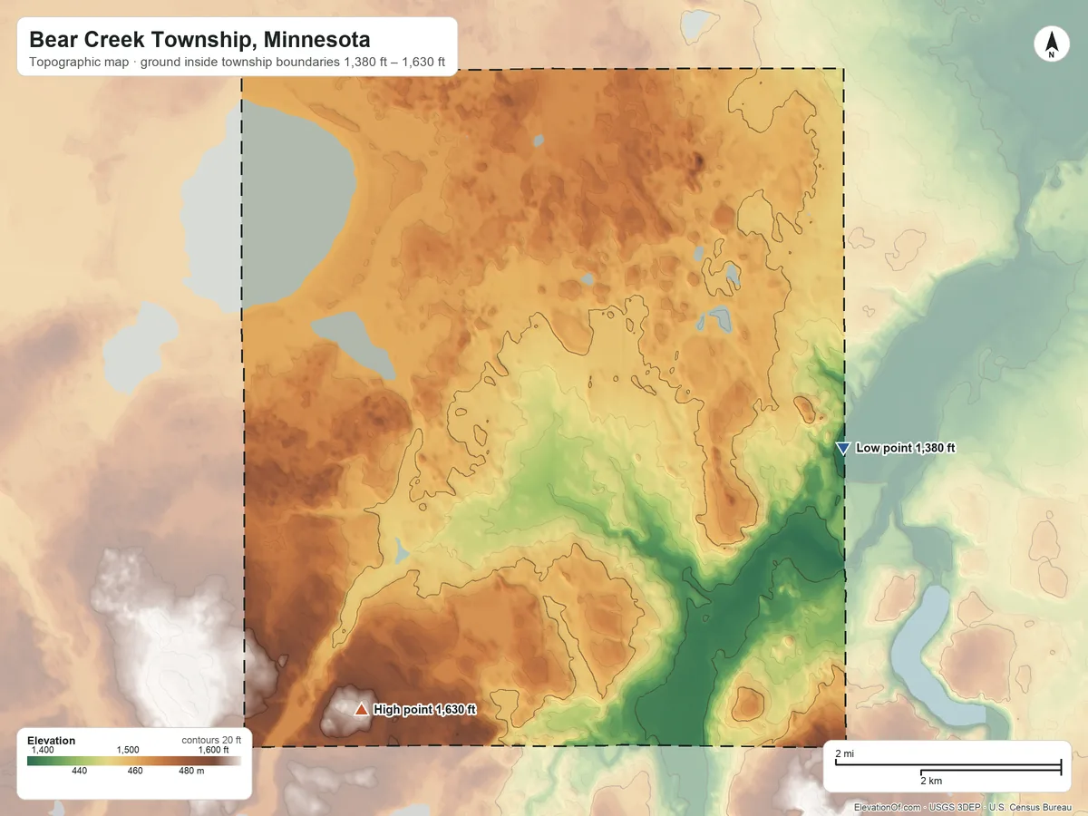 Topographic elevation map of Bear Creek Township, Minnesota, shaded from 1,380 ft on the east side to 1,630 ft on the southwest side