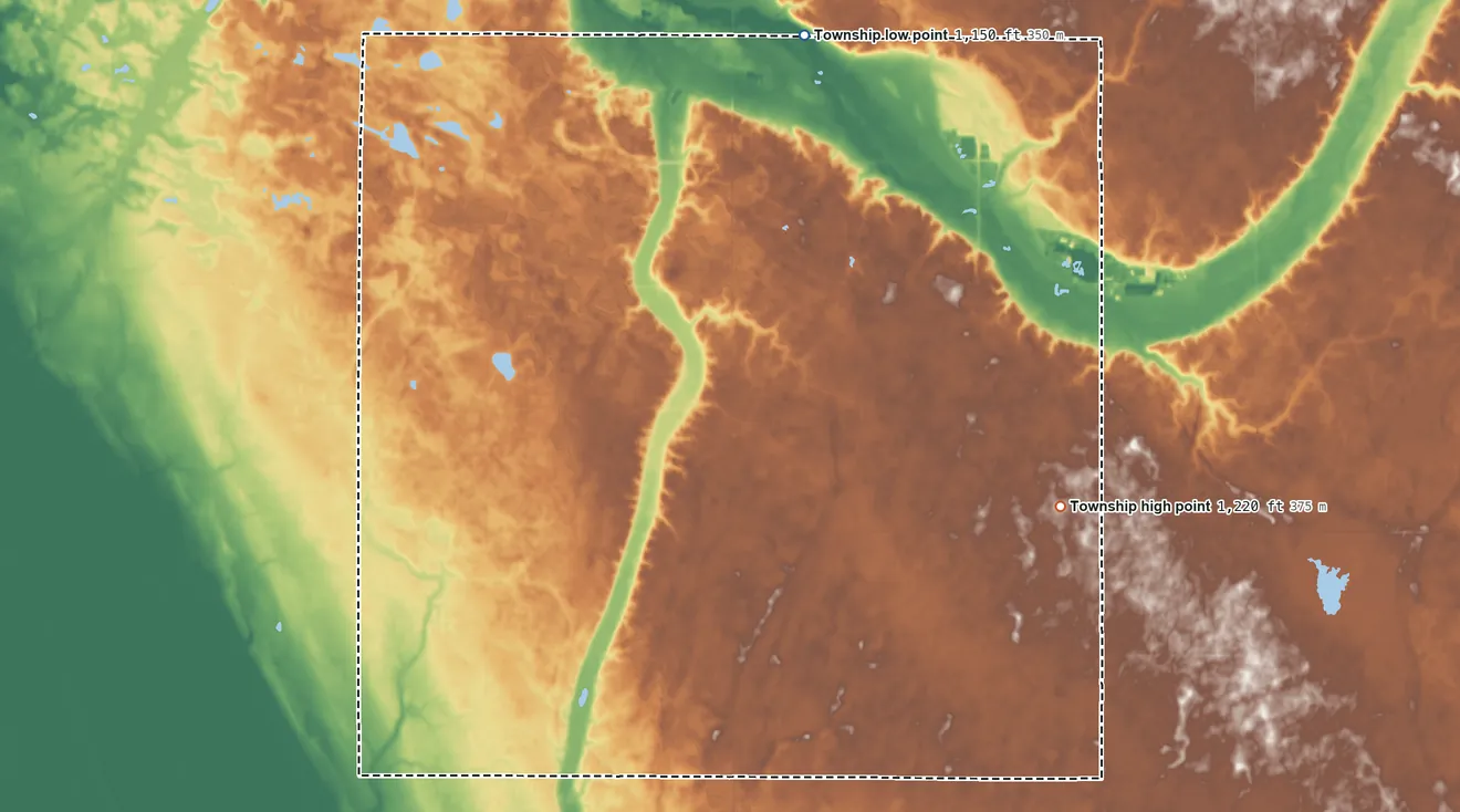 Topographic elevation map of Bear Park Township, Minnesota, shaded from 1,150 ft on the northeast side to 1,220 ft on the east side