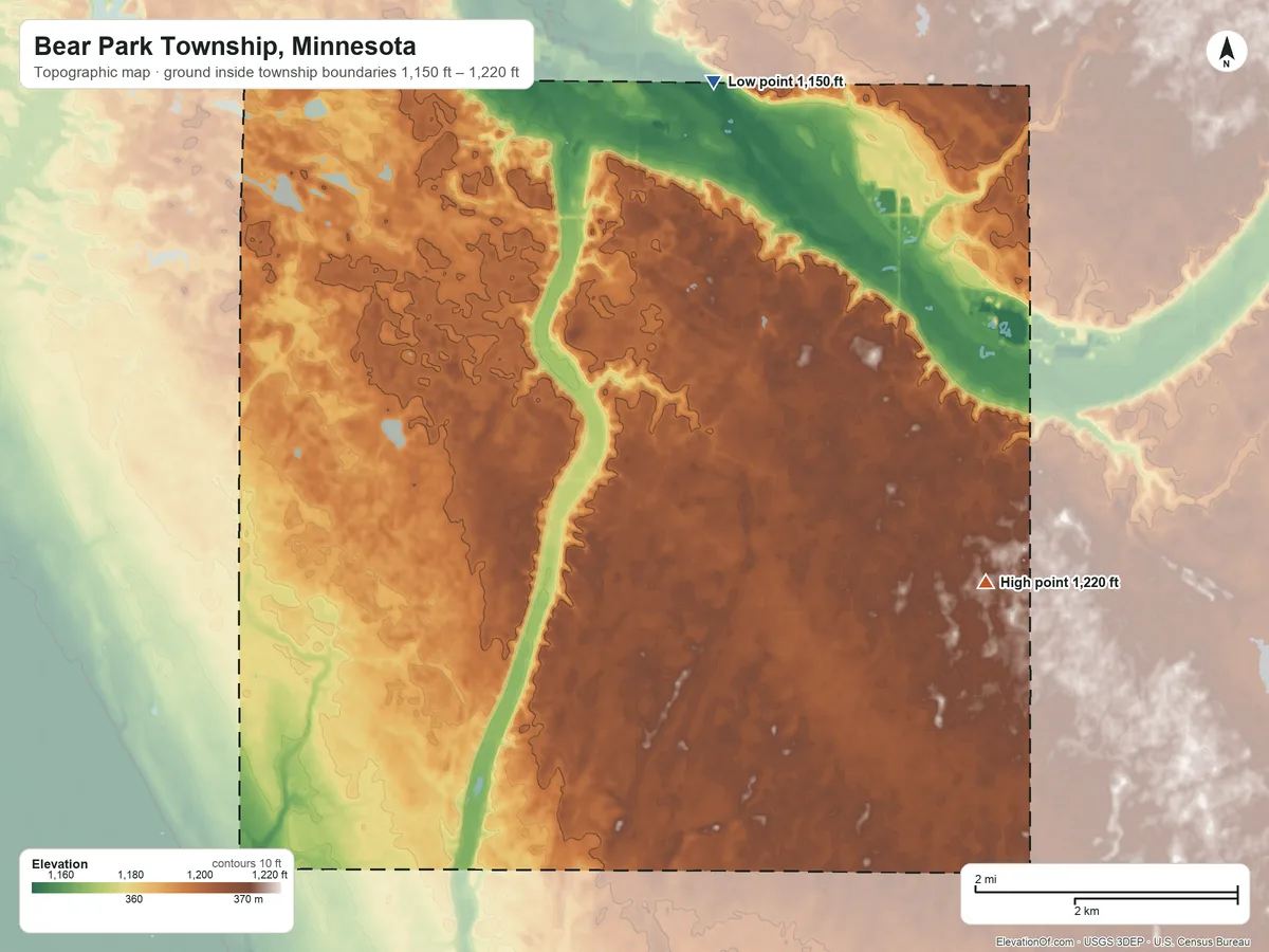 Topographic elevation map of Bear Park Township, Minnesota, shaded from 1,150 ft on the northeast side to 1,220 ft on the east side