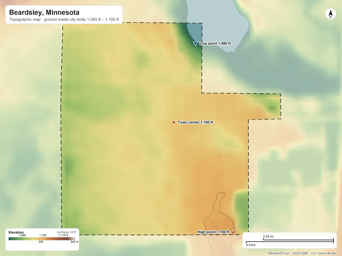 Topographic elevation map of Beardsley, Minnesota, shaded from 1,080 ft on the north side to 1,100 ft on the southeast side