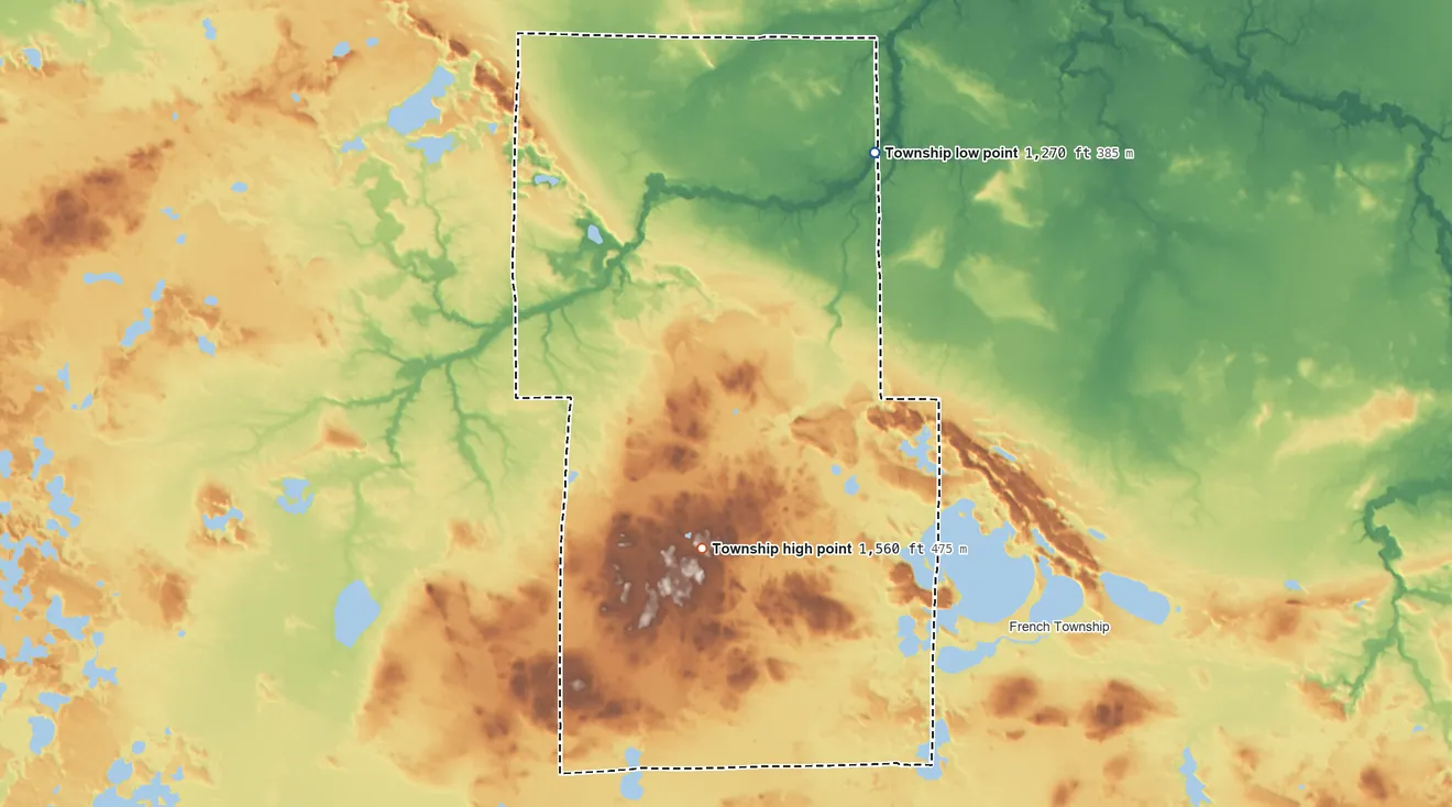 Topographic elevation map of Bearville Township, Minnesota, shaded from 1,270 ft on the north side to 1,560 ft on the southwest side