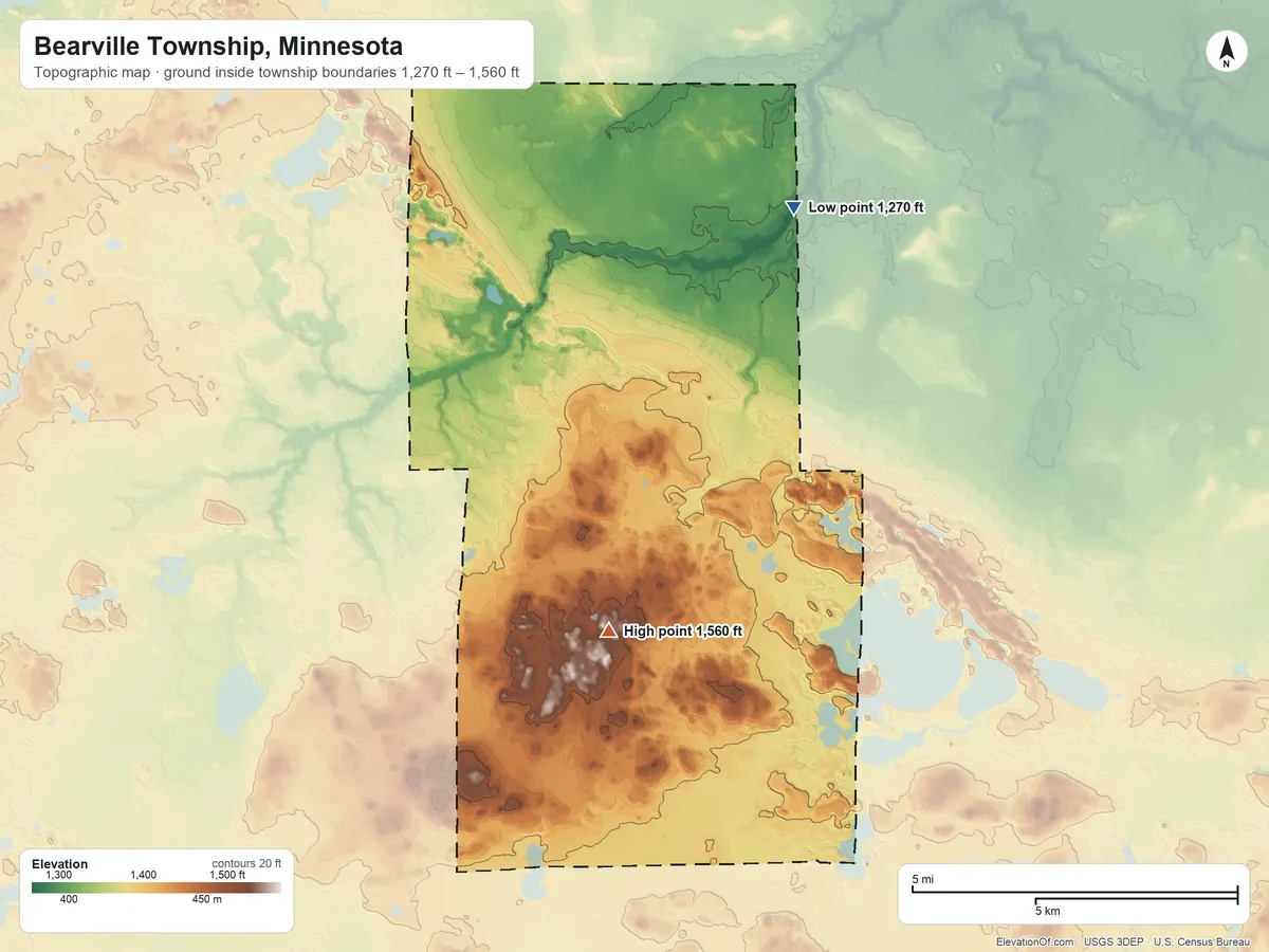 Topographic elevation map of Bearville Township, Minnesota, shaded from 1,270 ft on the north side to 1,560 ft on the southwest side