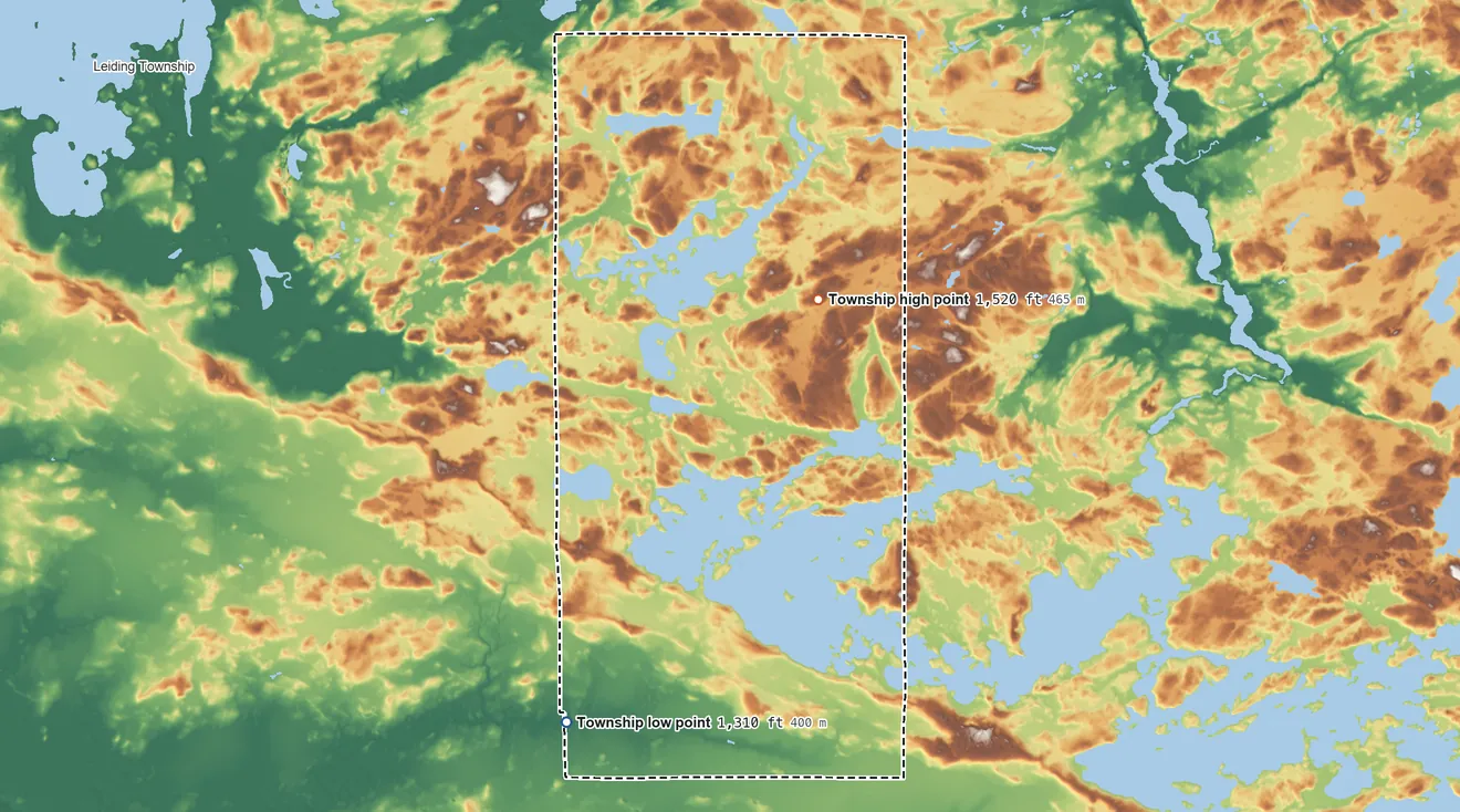 Topographic elevation map of Beatty Township, Minnesota, shaded from 1,310 ft on the southwest side to 1,520 ft on the north side