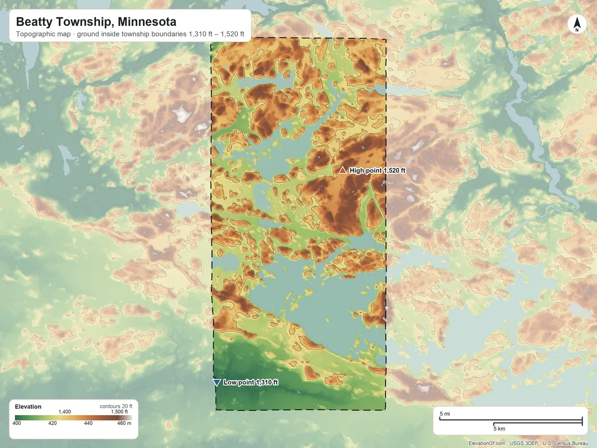 Topographic elevation map of Beatty Township, Minnesota, shaded from 1,310 ft on the southwest side to 1,520 ft on the north side