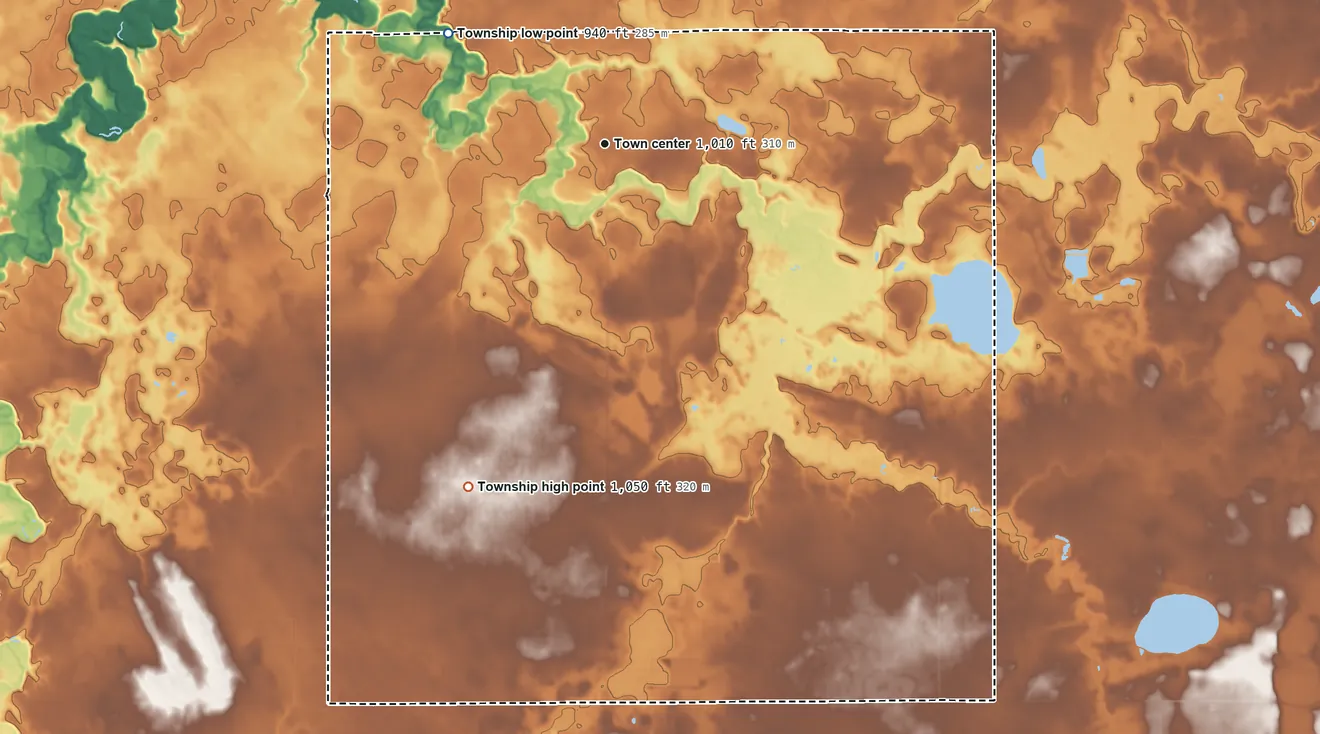 Topographic elevation map of Beauford Township, Minnesota, shaded from 940 ft on the northwest side to 1,050 ft on the south side