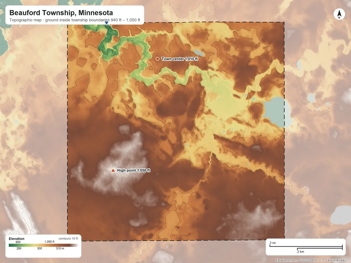 Topographic elevation map of Beauford Township, Minnesota, shaded from 940 ft on the northwest side to 1,050 ft on the south side