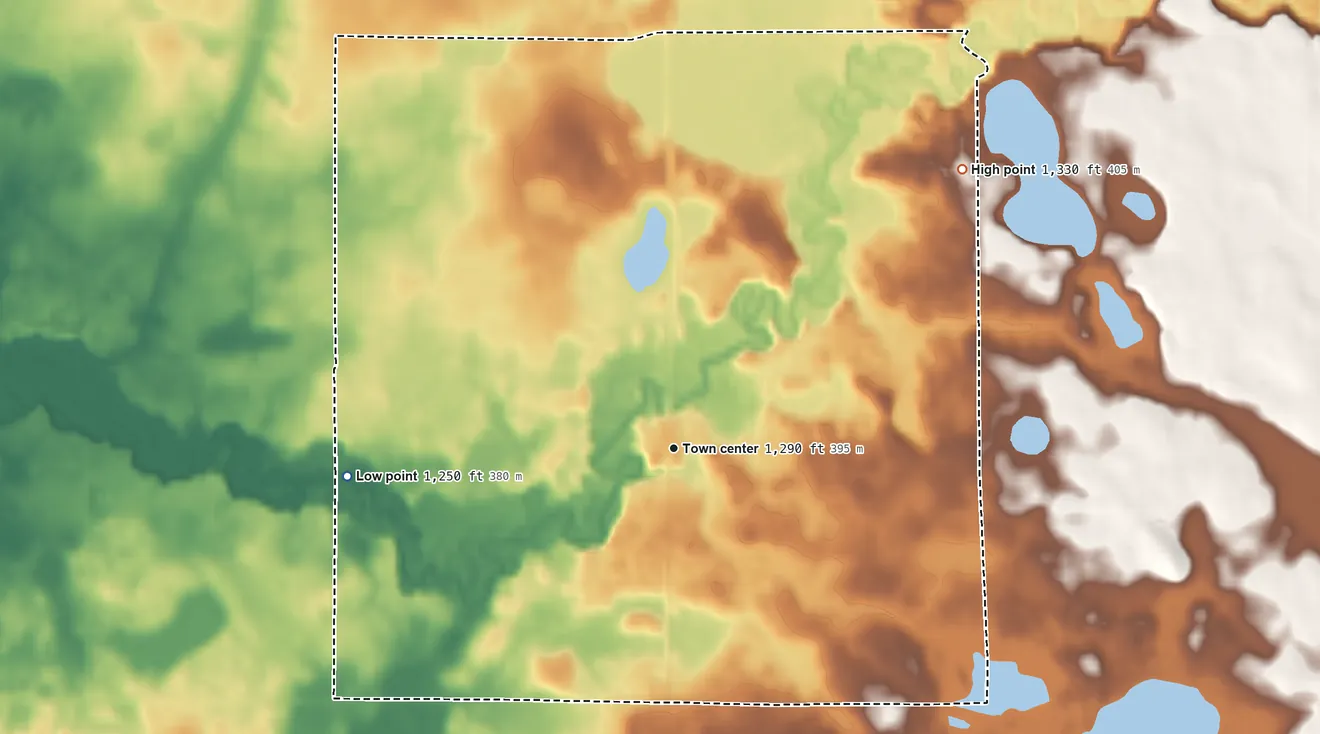 Topographic elevation map of Beaulieu, Minnesota, shaded from 1,250 ft on the west side to 1,330 ft on the northeast side