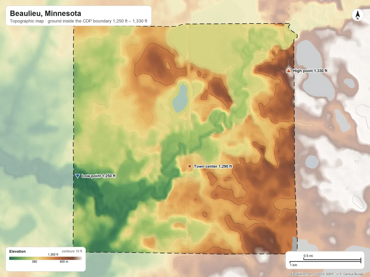 Topographic elevation map of Beaulieu, Minnesota, shaded from 1,250 ft on the west side to 1,330 ft on the northeast side