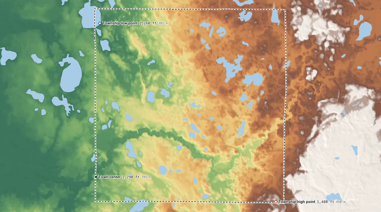 Topographic elevation map of Beaulieu Township, Minnesota, shaded from 1,260 ft on the north side to 1,480 ft on the east side