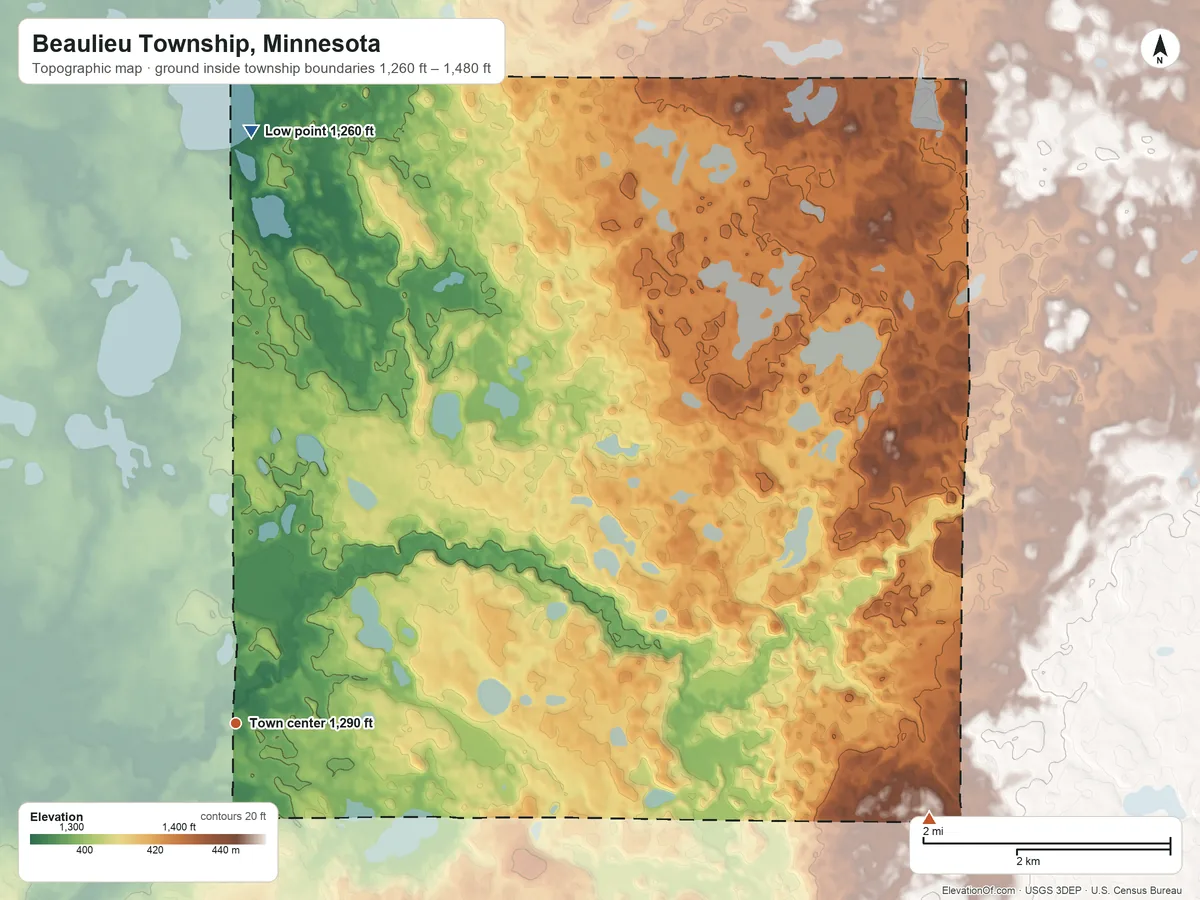 Topographic elevation map of Beaulieu Township, Minnesota, shaded from 1,260 ft on the north side to 1,480 ft on the east side