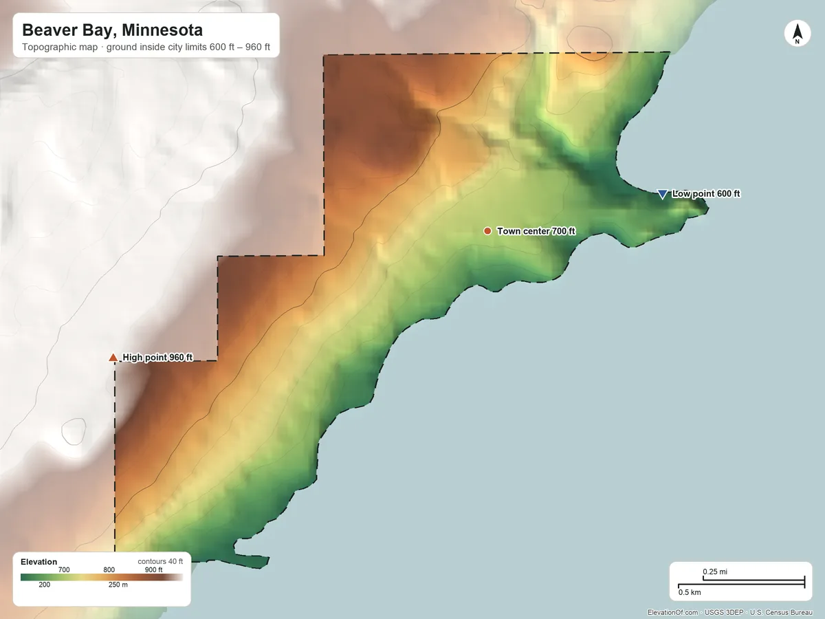 Topographic elevation map of Beaver Bay, Minnesota, shaded from 600 ft on the east side to 960 ft on the west edge, below higher ground just outside