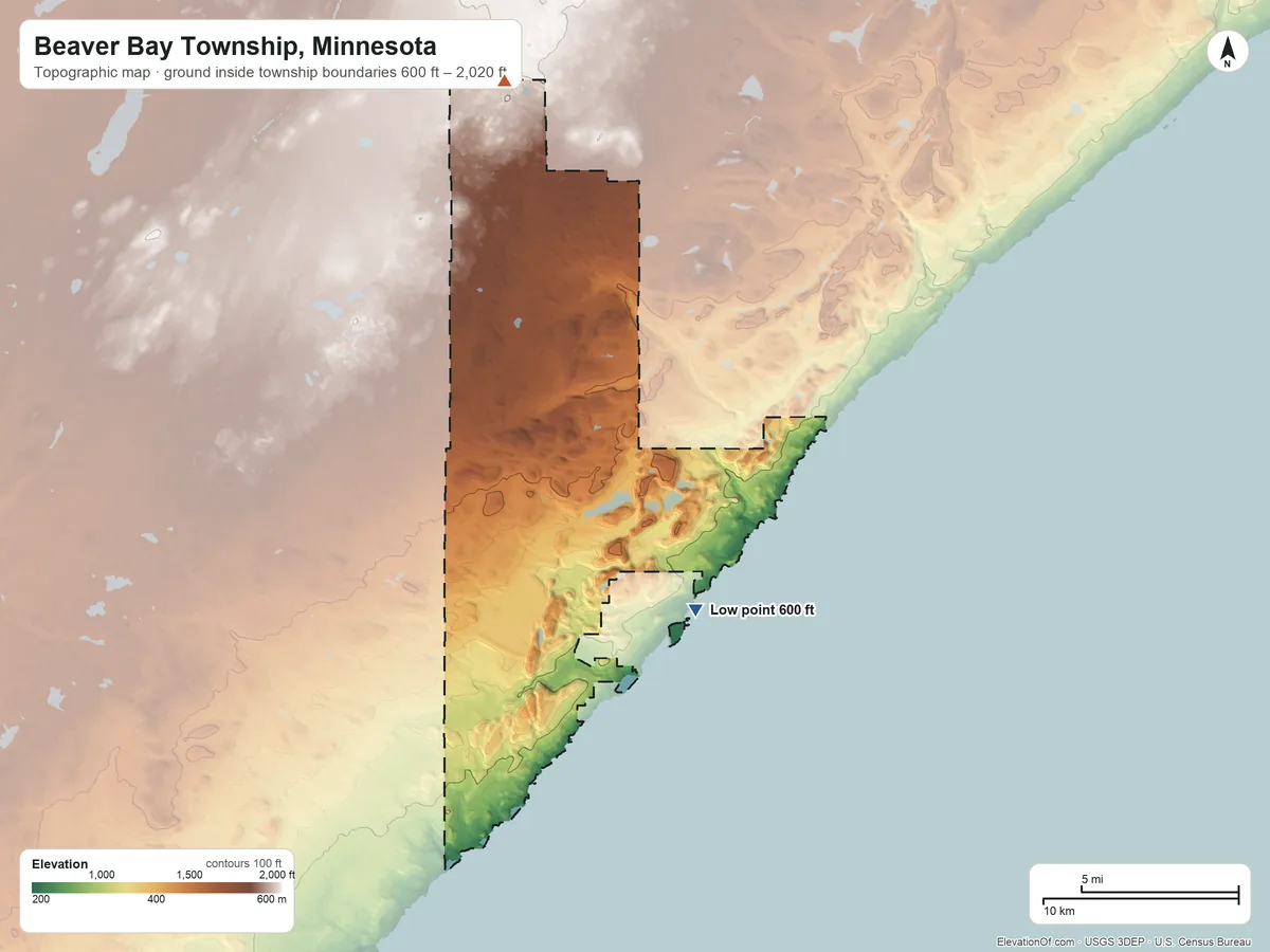 Topographic elevation map of Beaver Bay Township, Minnesota, shaded from 600 ft on the southeast side to 2,020 ft on the north side