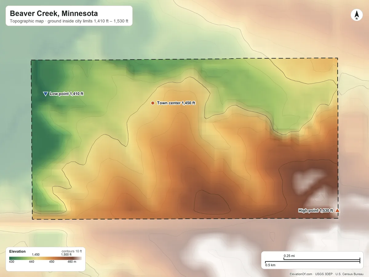 Topographic elevation map of Beaver Creek, Minnesota, shaded from 1,410 ft on the west side to 1,530 ft on the southeast side