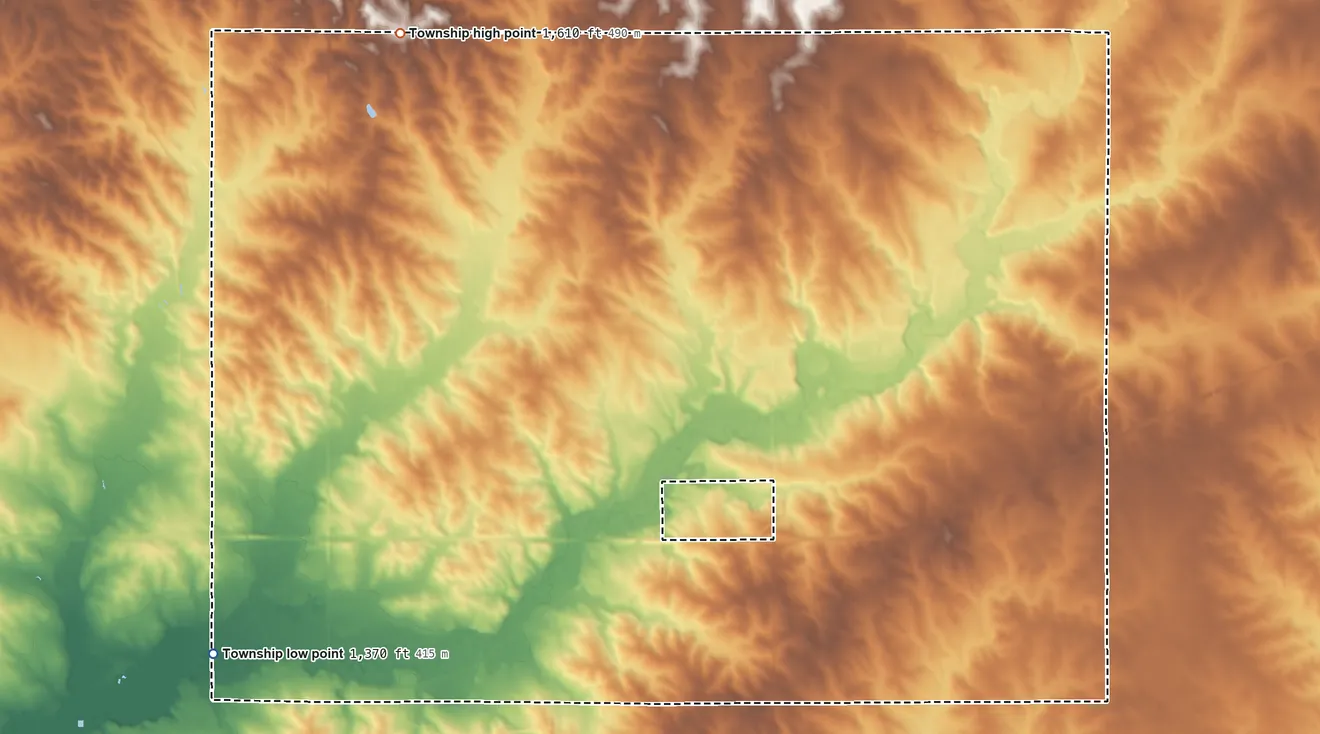 Topographic elevation map of Beaver Creek Township, Minnesota, shaded from 1,370 ft on the southwest side to 1,610 ft on the northwest side
