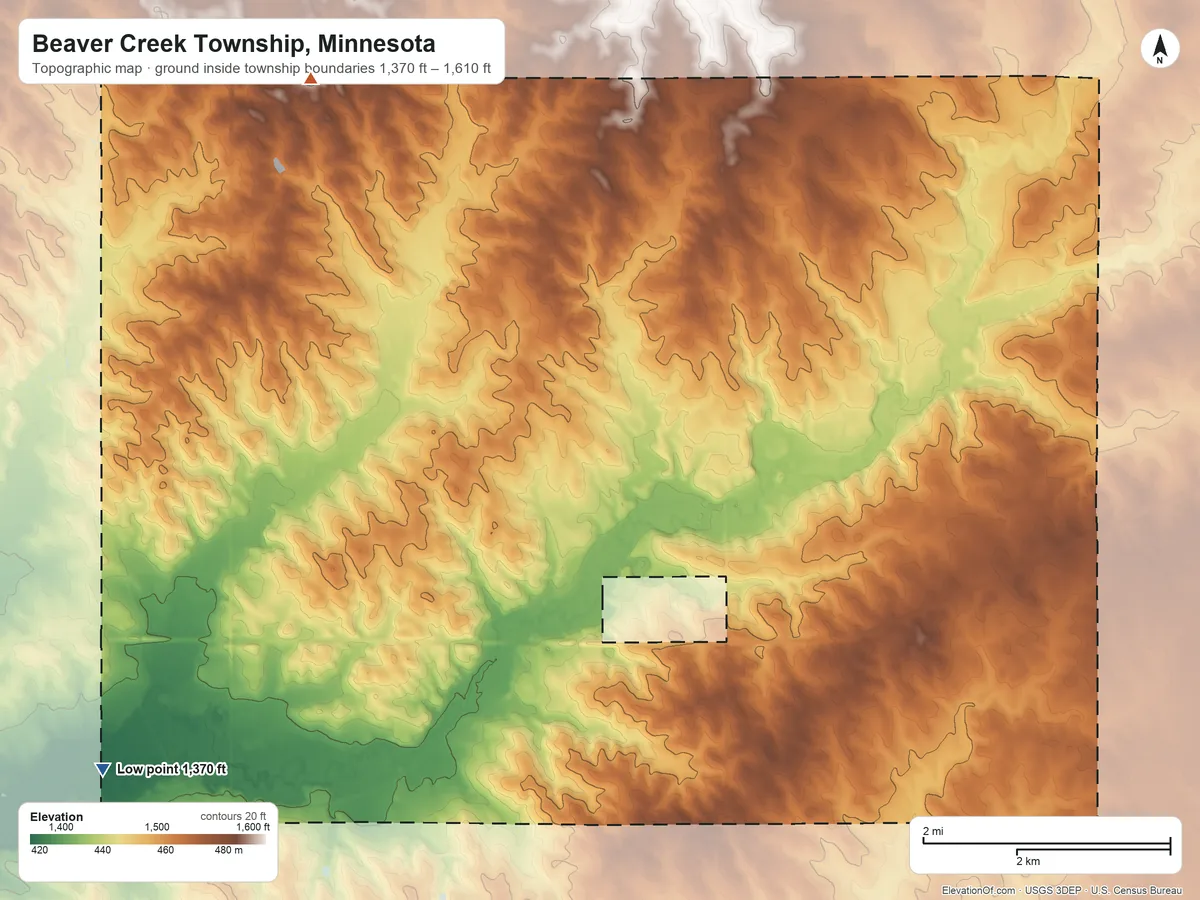Topographic elevation map of Beaver Creek Township, Minnesota, shaded from 1,370 ft on the southwest side to 1,610 ft on the northwest side