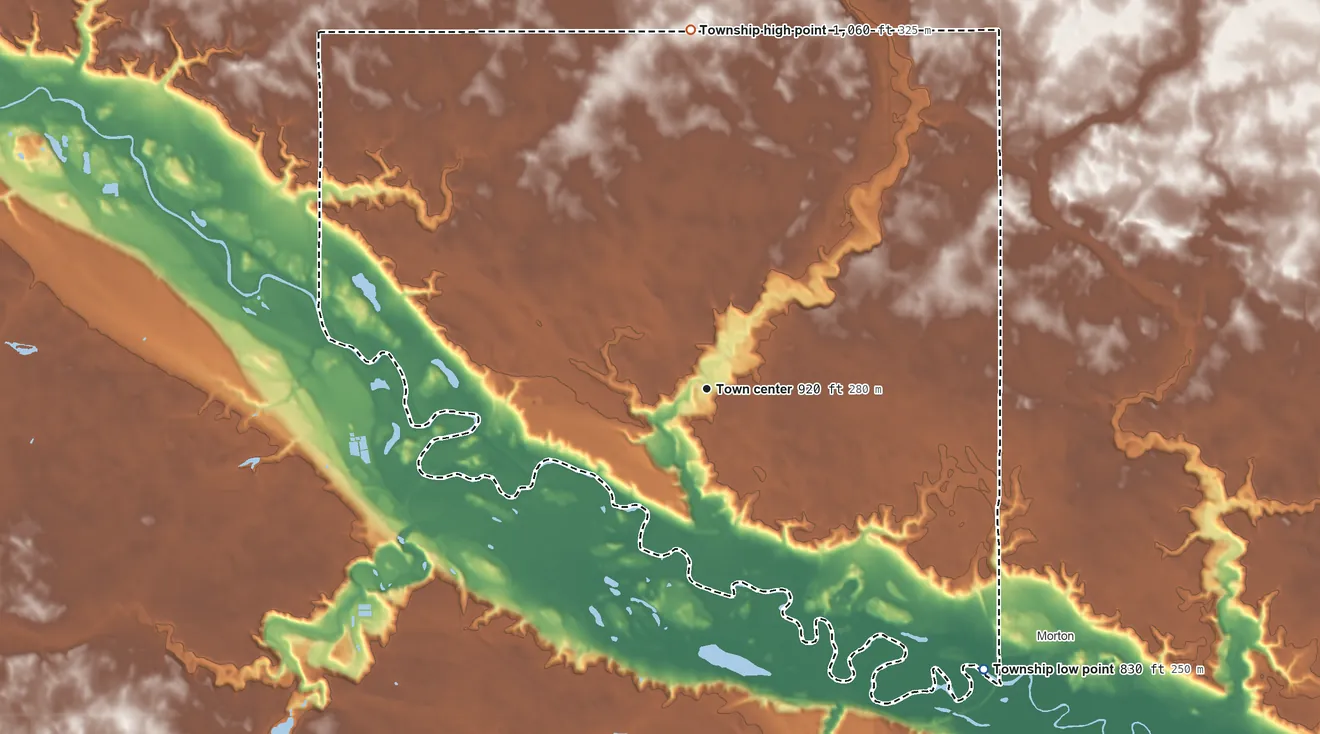 Topographic elevation map of Beaver Falls Township, Minnesota, shaded from 830 ft on the southeast side to 1,060 ft on the north side
