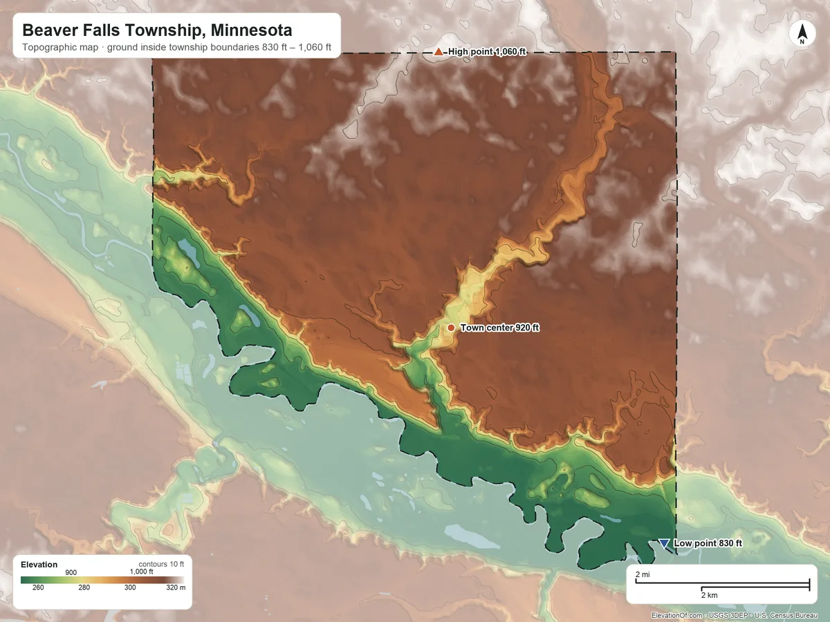 Topographic elevation map of Beaver Falls Township, Minnesota, shaded from 830 ft on the southeast side to 1,060 ft on the north side