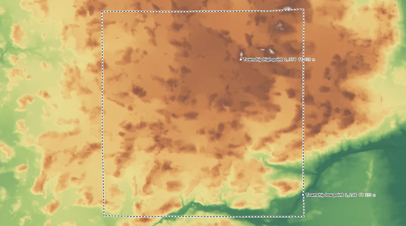 Topographic elevation map of Beaver Township, Aitkin County, Minnesota, shaded from 1,240 ft on the southeast side to 1,370 ft on the northeast side