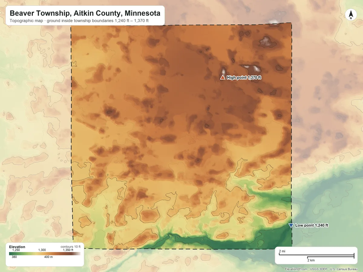 Topographic elevation map of Beaver Township, Aitkin County, Minnesota, shaded from 1,240 ft on the southeast side to 1,370 ft on the northeast side