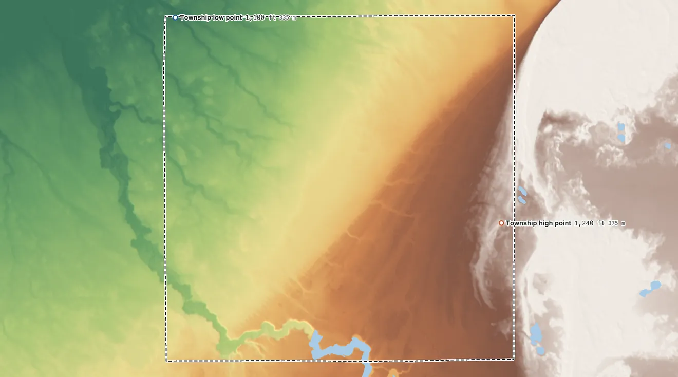 Topographic elevation map of Beaver Township, Roseau County, Minnesota, shaded from 1,100 ft on the northwest side to 1,240 ft on the east side