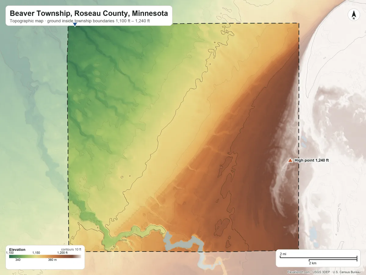 Topographic elevation map of Beaver Township, Roseau County, Minnesota, shaded from 1,100 ft on the northwest side to 1,240 ft on the east side
