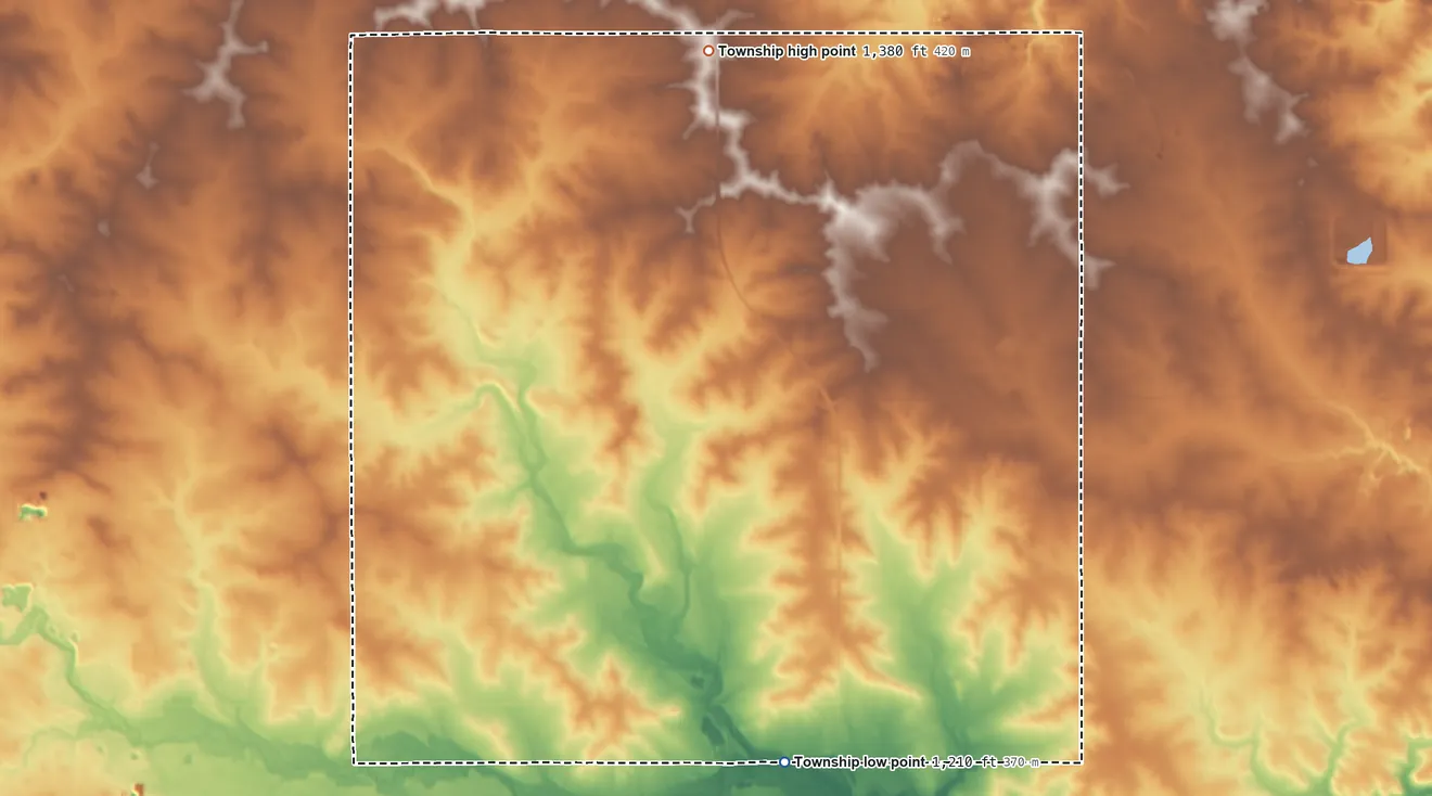 Topographic elevation map of Beaver Township, Minnesota, shaded from 1,210 ft on the south side to 1,380 ft on the north side