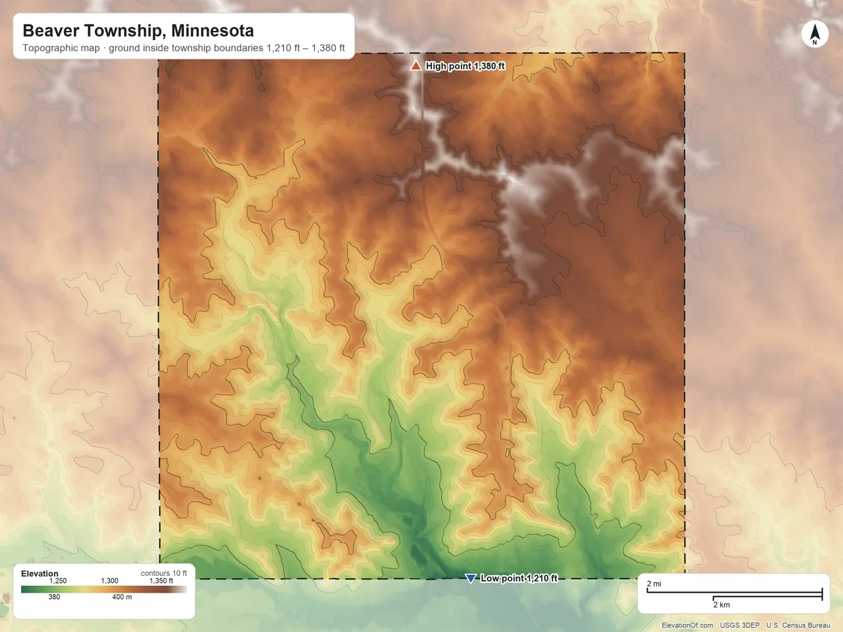 Topographic elevation map of Beaver Township, Minnesota, shaded from 1,210 ft on the south side to 1,380 ft on the north side