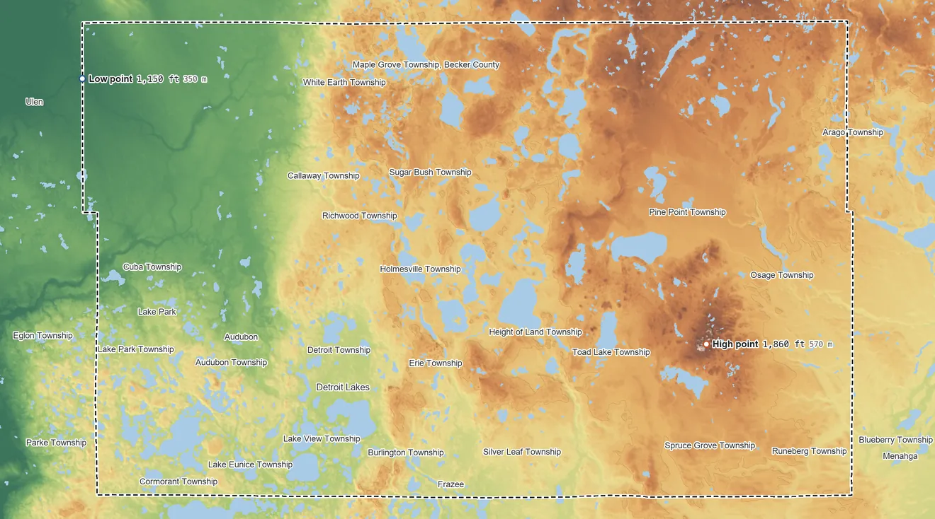 Topographic elevation map of Becker County, Minnesota, shaded from 1,150 ft on the northwest side to 1,860 ft on the east side