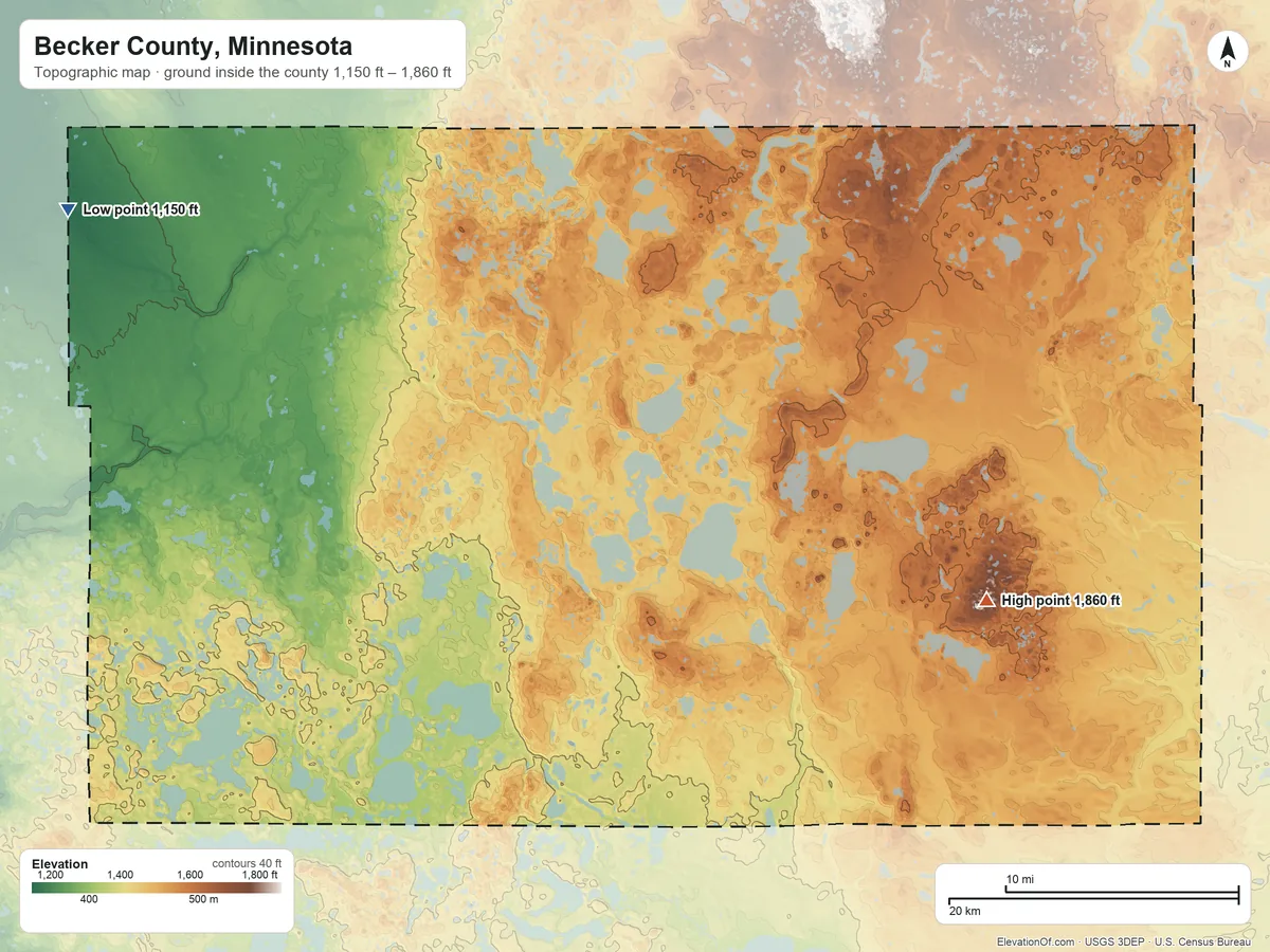Topographic elevation map of Becker County, Minnesota, shaded from 1,150 ft on the northwest side to 1,860 ft on the east side