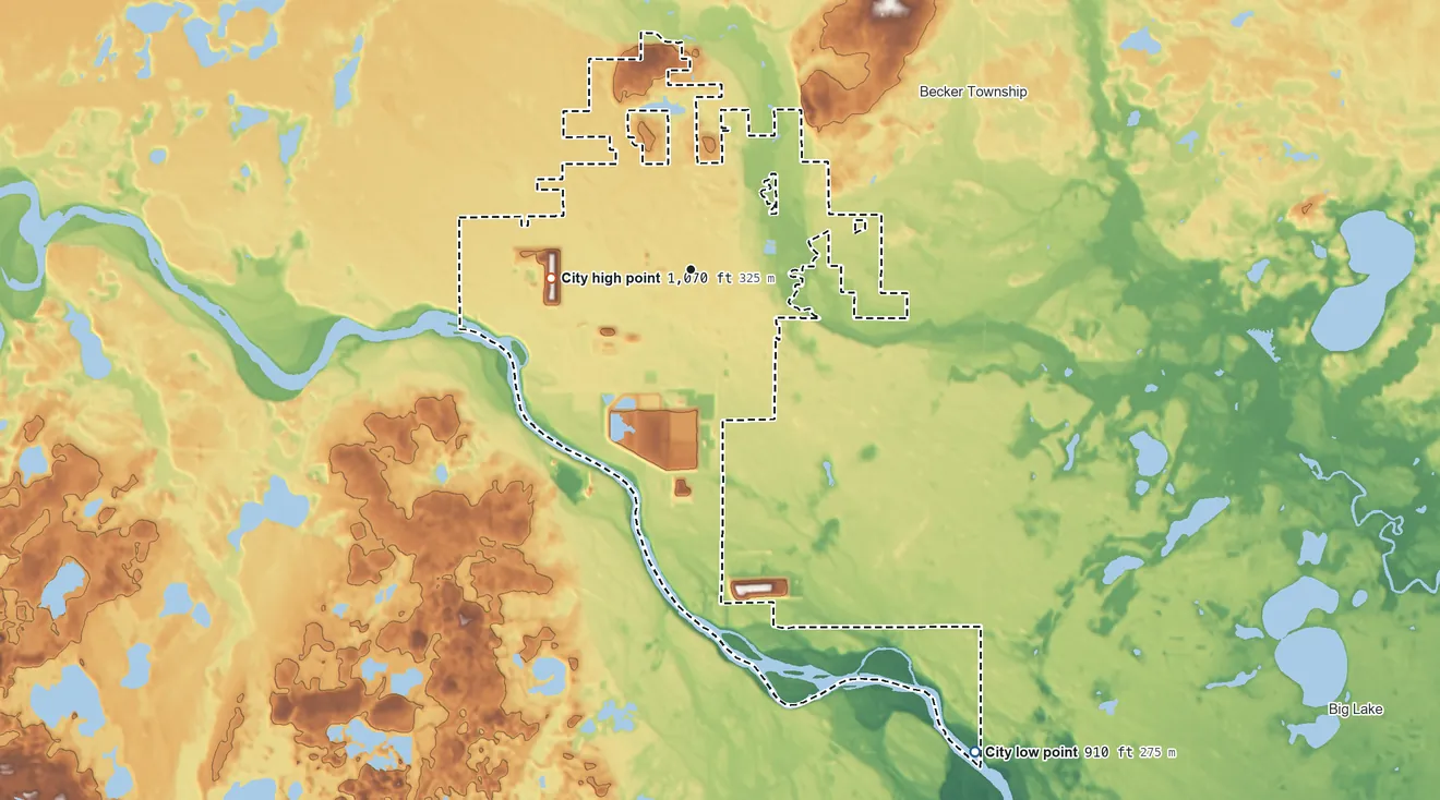 Topographic elevation map of Becker, Minnesota, shaded from 910 ft on the southeast side to 1,070 ft on the west side