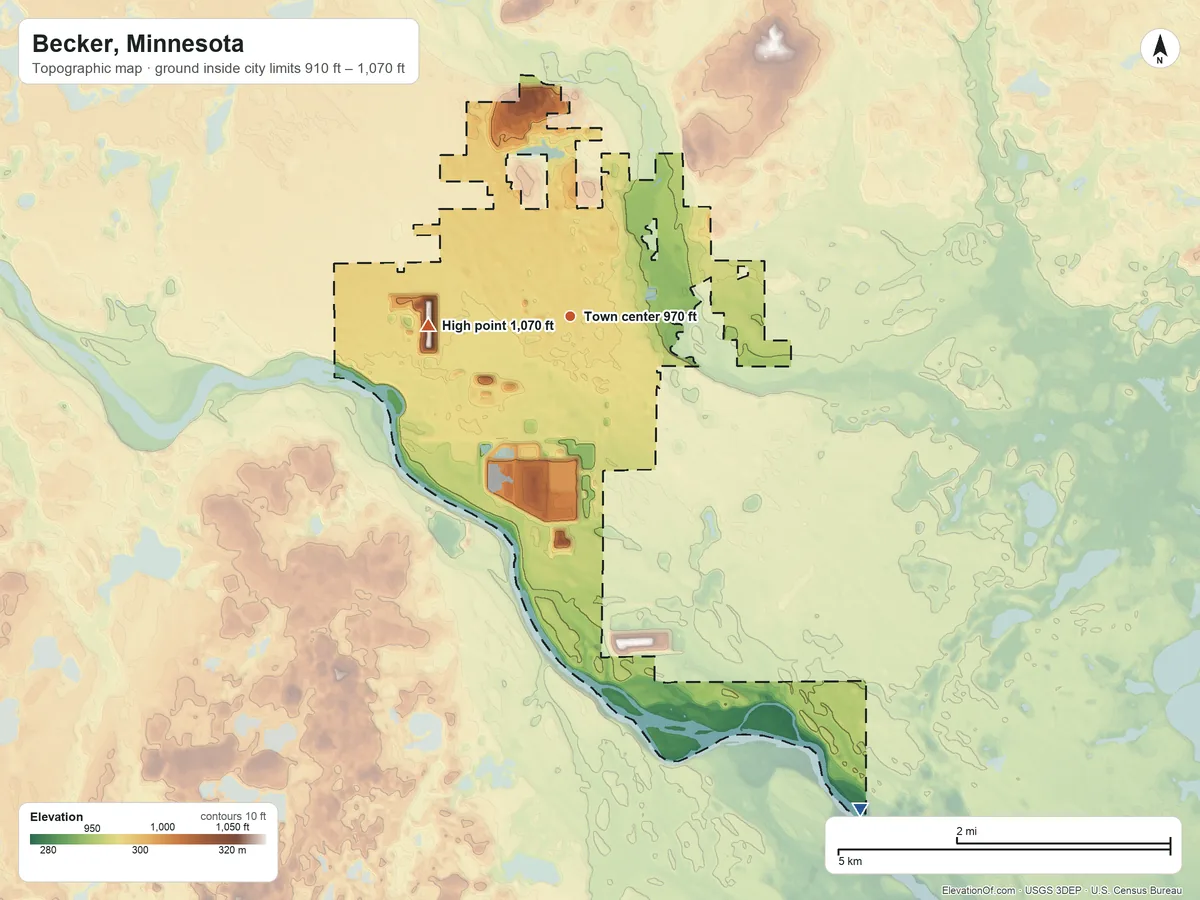 Topographic elevation map of Becker, Minnesota, shaded from 910 ft on the southeast side to 1,070 ft on the west side