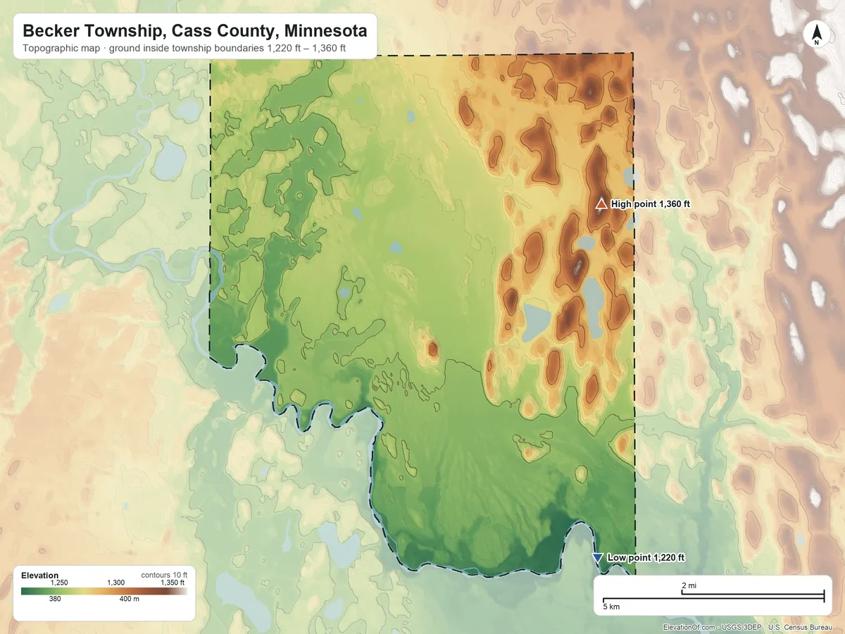 Topographic elevation map of Becker Township, Cass County, Minnesota, shaded from 1,220 ft on the southeast side to 1,360 ft on the northeast side