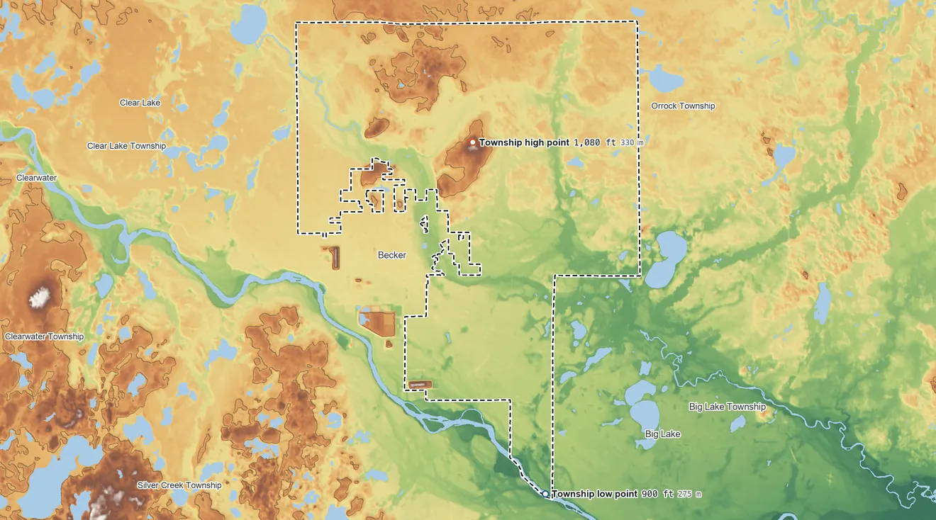 Topographic elevation map of Becker Township, Minnesota, shaded from 900 ft on the south side to 1,080 ft near the middle