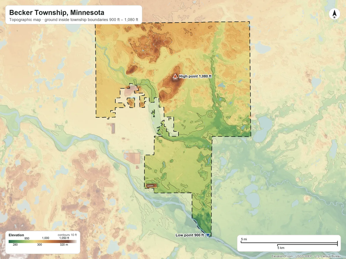 Topographic elevation map of Becker Township, Minnesota, shaded from 900 ft on the south side to 1,080 ft near the middle