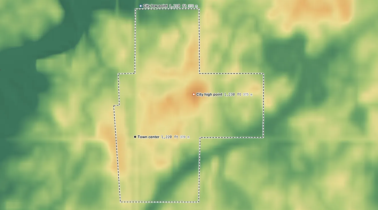 Topographic elevation map of Bejou, Minnesota, shaded from 1,210 ft on the north side to 1,230 ft on the northeast side